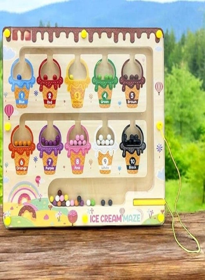 Braintastic لوحة ألغاز مغناطيسية خشبية على شكل متاهة آيس كريم للأطفال من Braintastic | لعبة تعليمية للأطفال الصغار لفرز الألوان والعد ومهارات العلوم والتكنولوجيا والهندسة والرياضيات (متاهة الآيس كريم) - Image 1